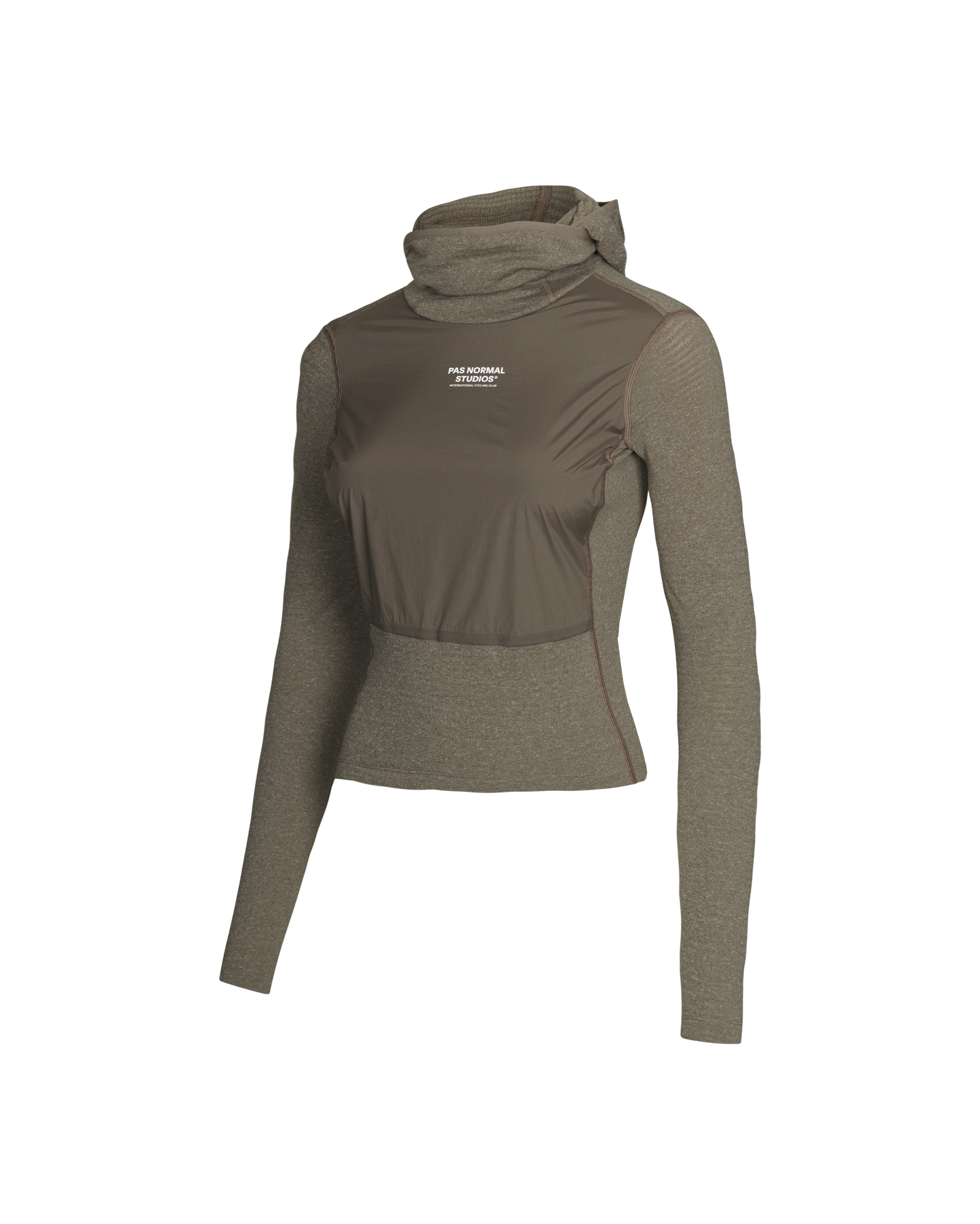 Side view of Women's Thermal Hooded Base Layer Windproof Dark Stone by PAS NORMAL highlighting the fitted silhouette