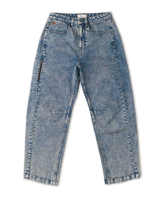 A pair of blue denim jeans with a straight leg fit, front view.