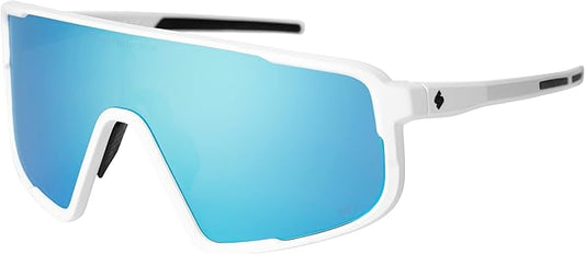 Sunglasses with white frame and blue mirror lens on a white background