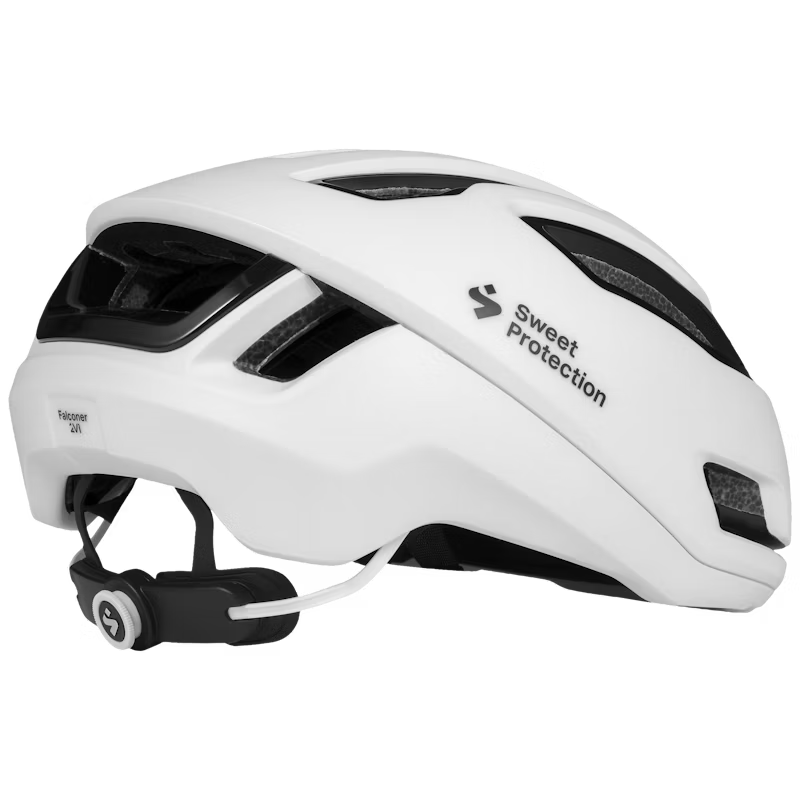 White bicycle helmet with Sweet Protection logo on a transparent background