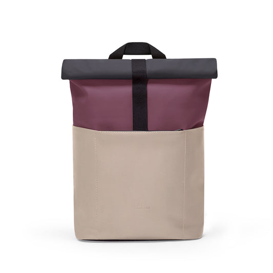 Cassiopeia eggplant & nude roll-top backpack, fluorocarbon-free exterior, fleece-lined interior