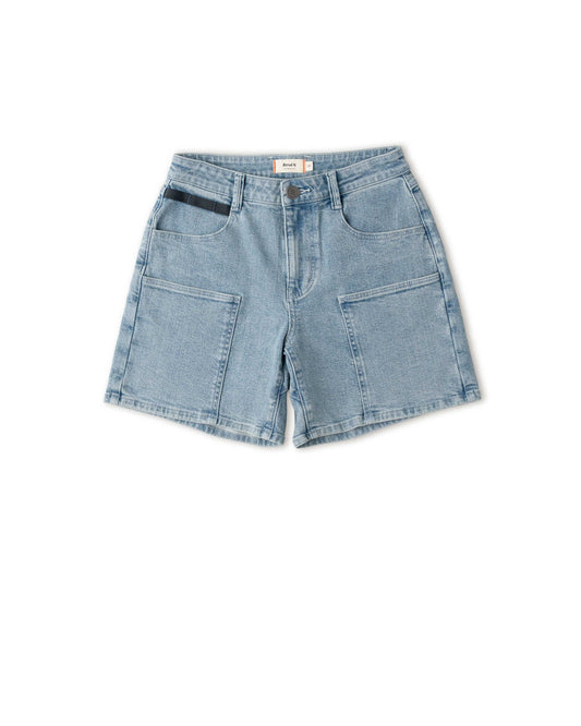 A pair of blue denim chore shorts for women.
