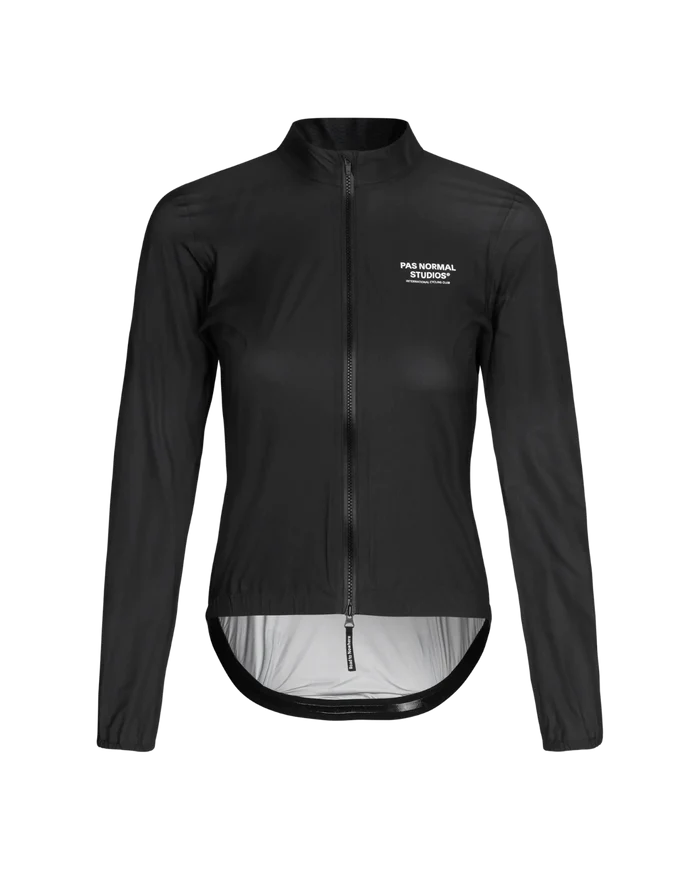 Front view of Women's Mechanism Rain Jacket Black showcasing its sleek waterproof design