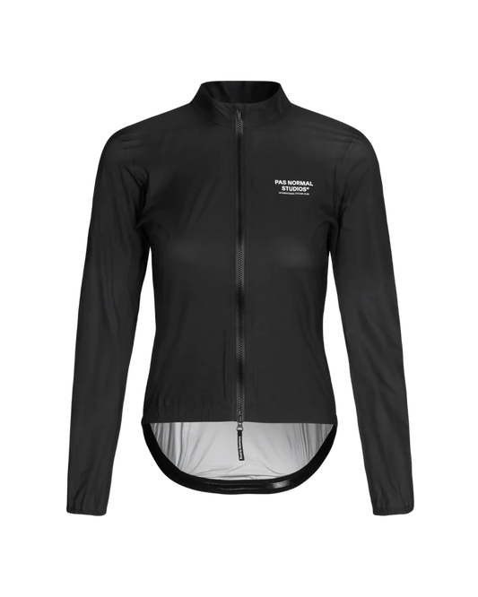 Front view of Women's Mechanism Rain Jacket Black showcasing its sleek waterproof design