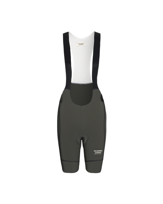 Women's cycling bib shorts in solid black color with white straps, featuring a front view on a white background.