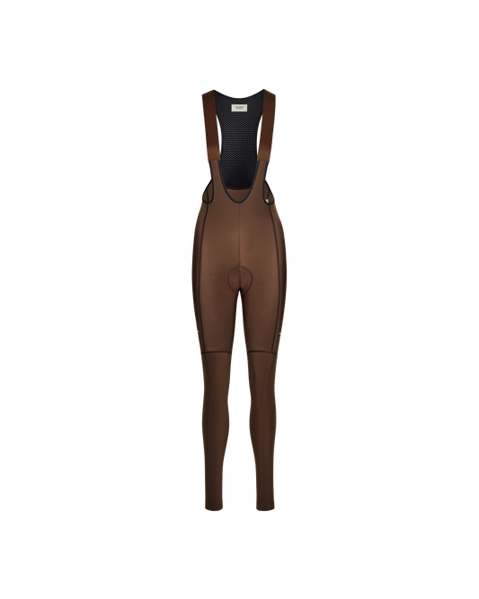 Brown riding pants with black bib on a white background
