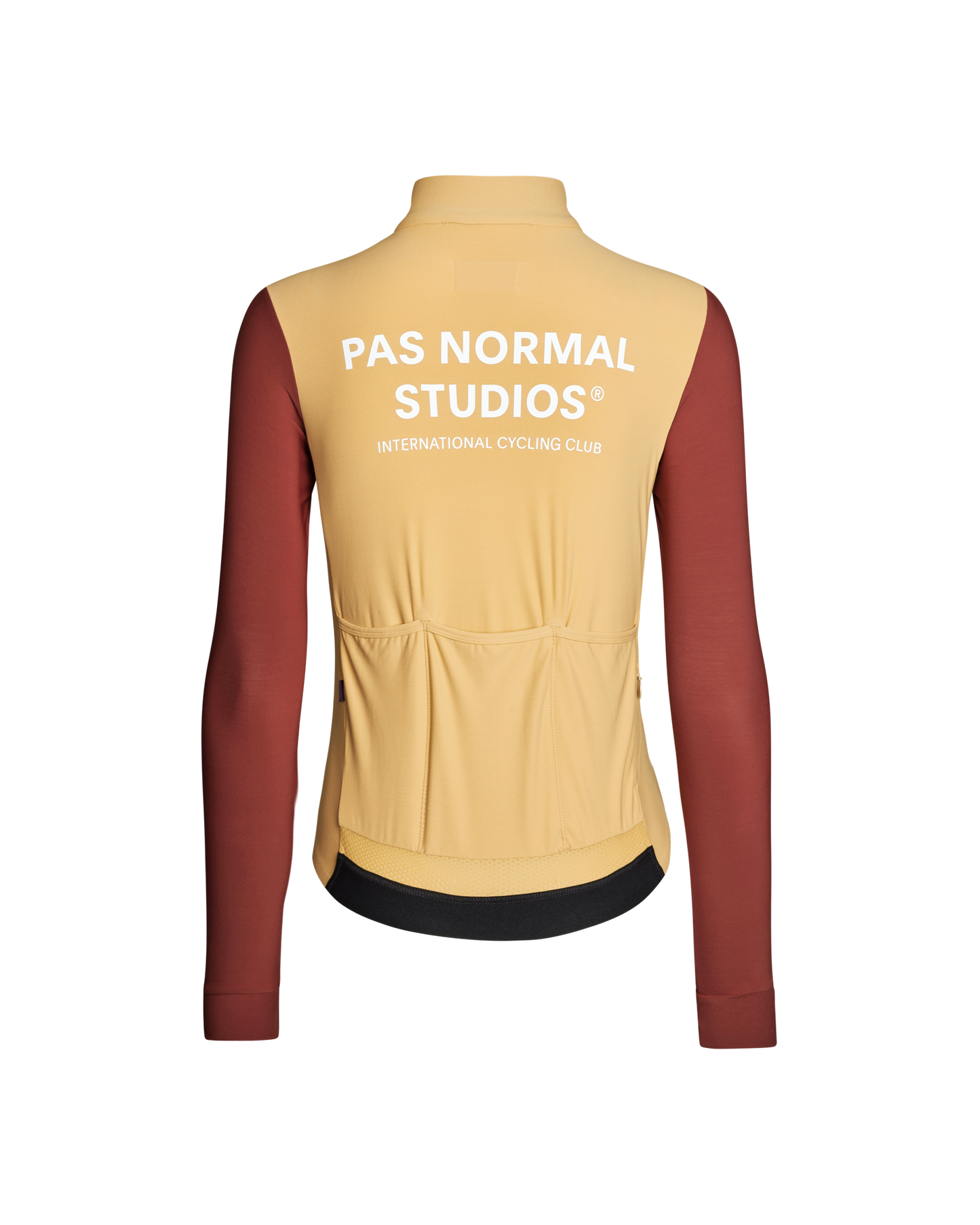 Beige cycling vest with red sleeves and 'Pas Normal Studios' branding on a white background