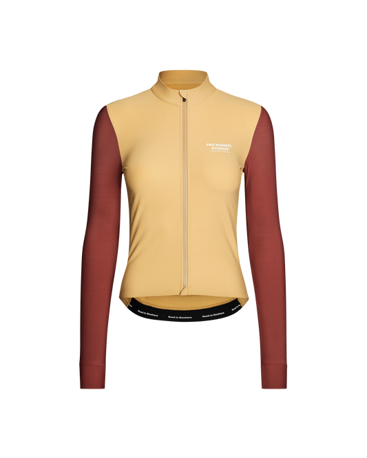 Beige and red cycling jacket on a white background