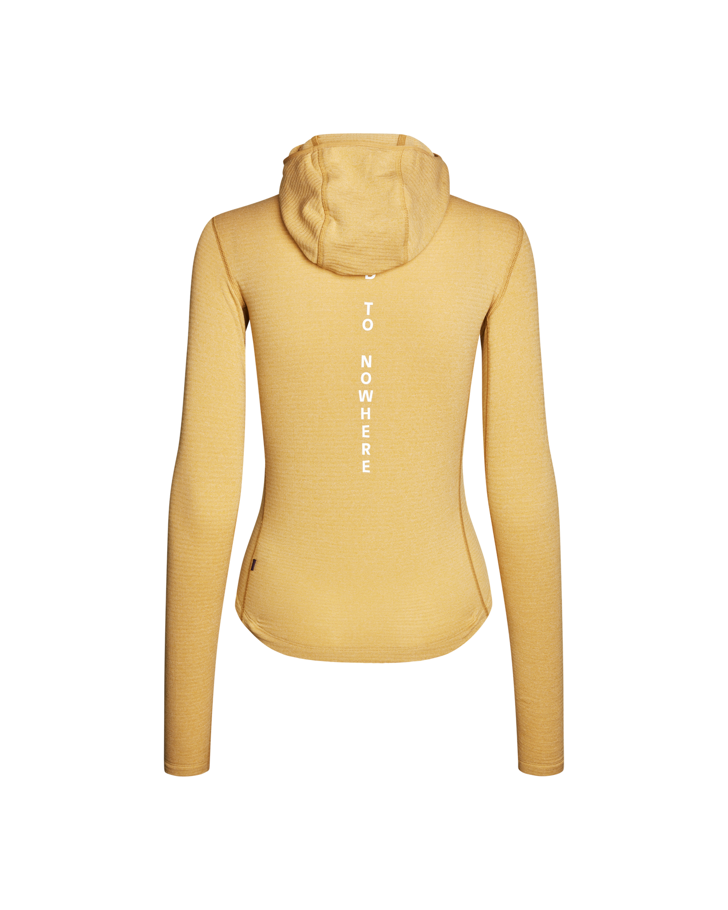 Yellow hoodie with text on the back against a white background