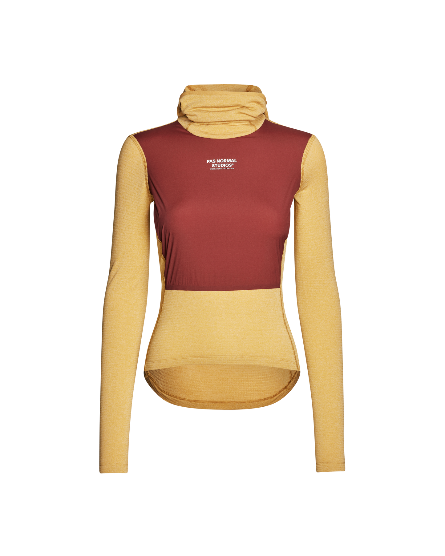 Two-tone long-sleeve shirt with maroon and yellow colors on a white background