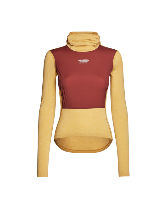 Two-tone long-sleeve shirt with maroon and yellow colors on a white background