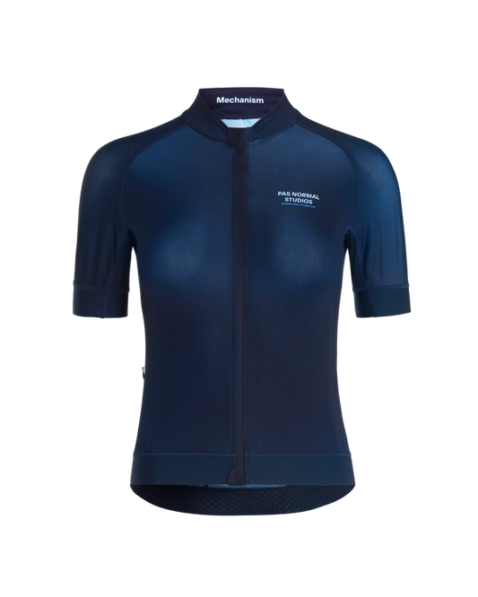 Women's navy cycling jersey with a low-cut collar and short sleeves.