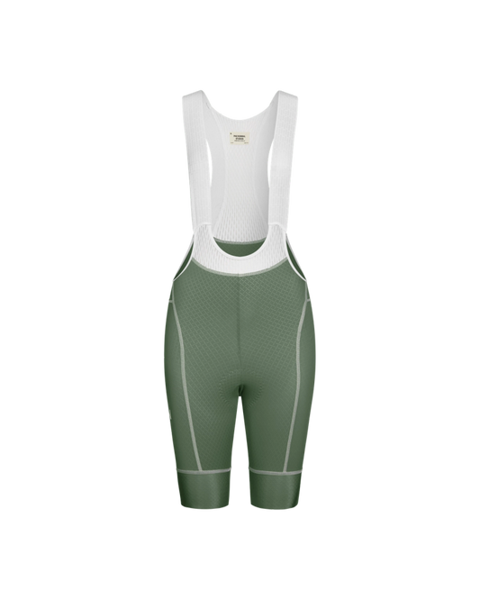 Women's bib shorts in khaki green with white straps, designed for cycling.