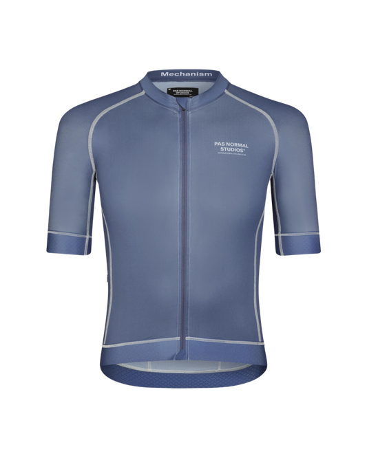A front view of a women's light indigoMechanism Jersey cycling top with short sleeves and a round neckline.