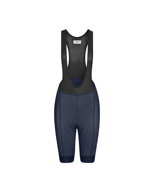 Women's Essential Bibs in navy cassiopeia fabric, front view