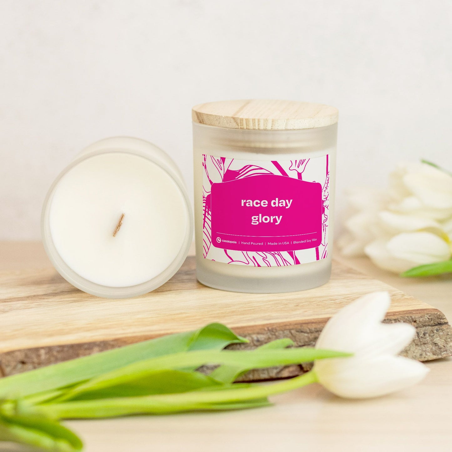 Eco-friendly 11 oz candle, burns for over 50 hours, perfect for race day motivation.