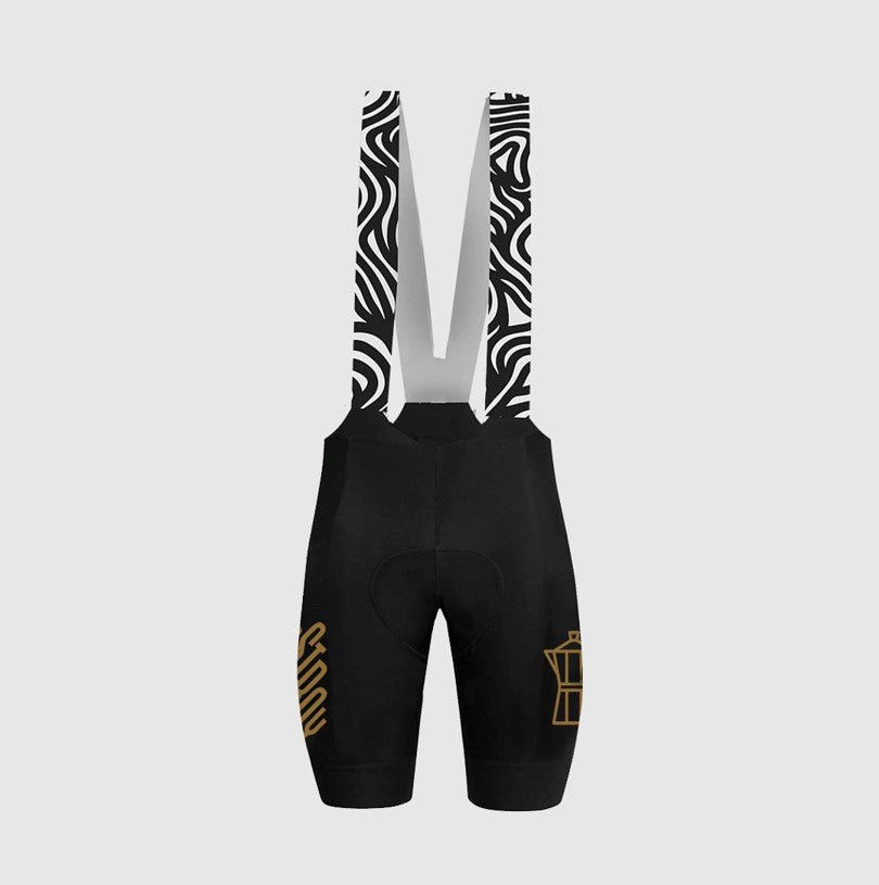 Cassiopeia espresso cycling bibs, textured honeycomb Italian fabric, coffee-inspired graphics