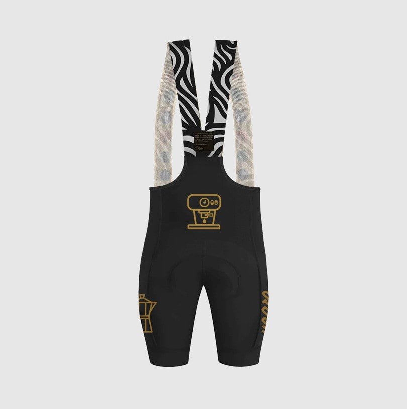 Cassiopeia women's bibs with Dolomiti pad, reflective espresso machine and moka pot design