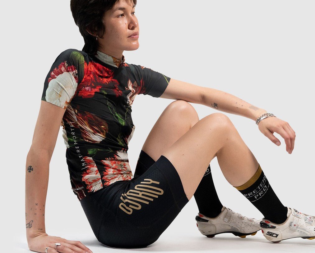Cassiopeia espresso bib shorts, moka pot graphic, anti-pinch silicone cuff technology