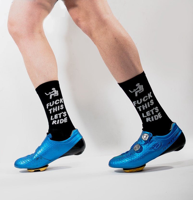 Cassiopeia edgy bike socks, "F This" text, premium American-made breathable fabric