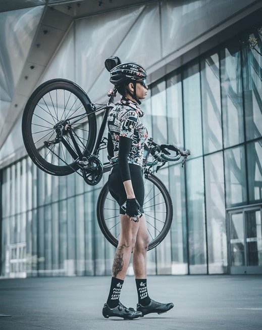 Cassiopeia USA-made athletic socks, "F This" humor, under-workwear comfort for cyclists