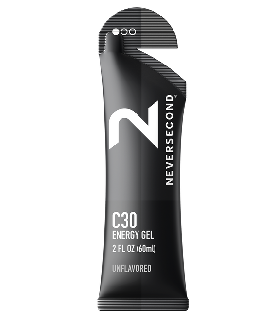 Black energy gel packet with 'Neversecond' branding on a white background