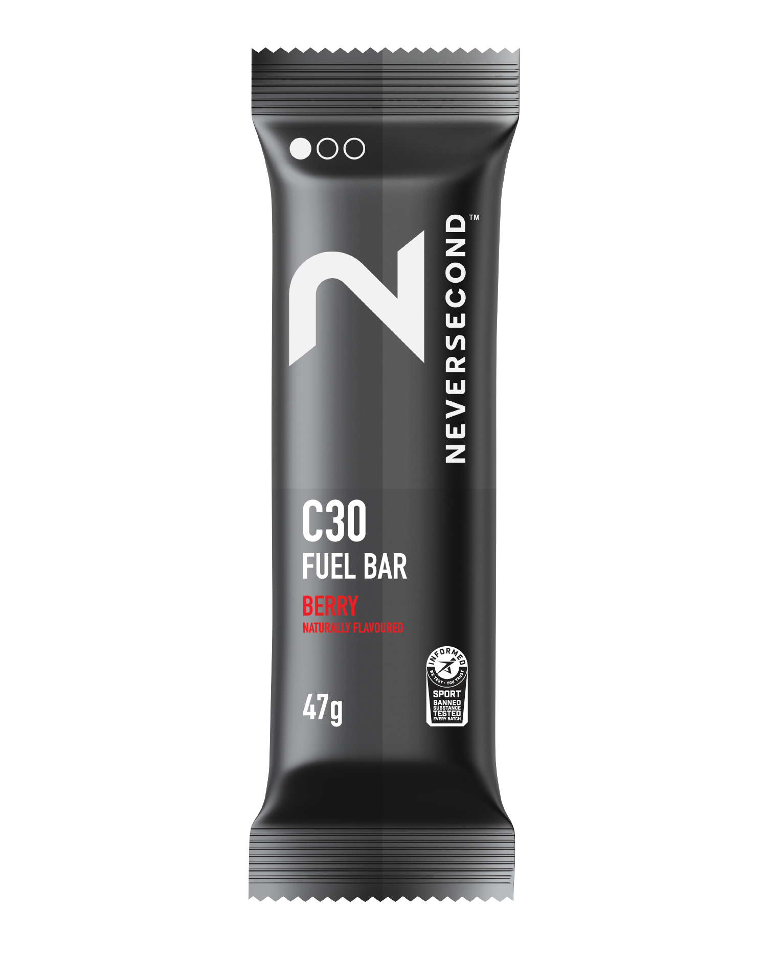 Black fuel bar packaging with 'Neversecond' branding on a white background