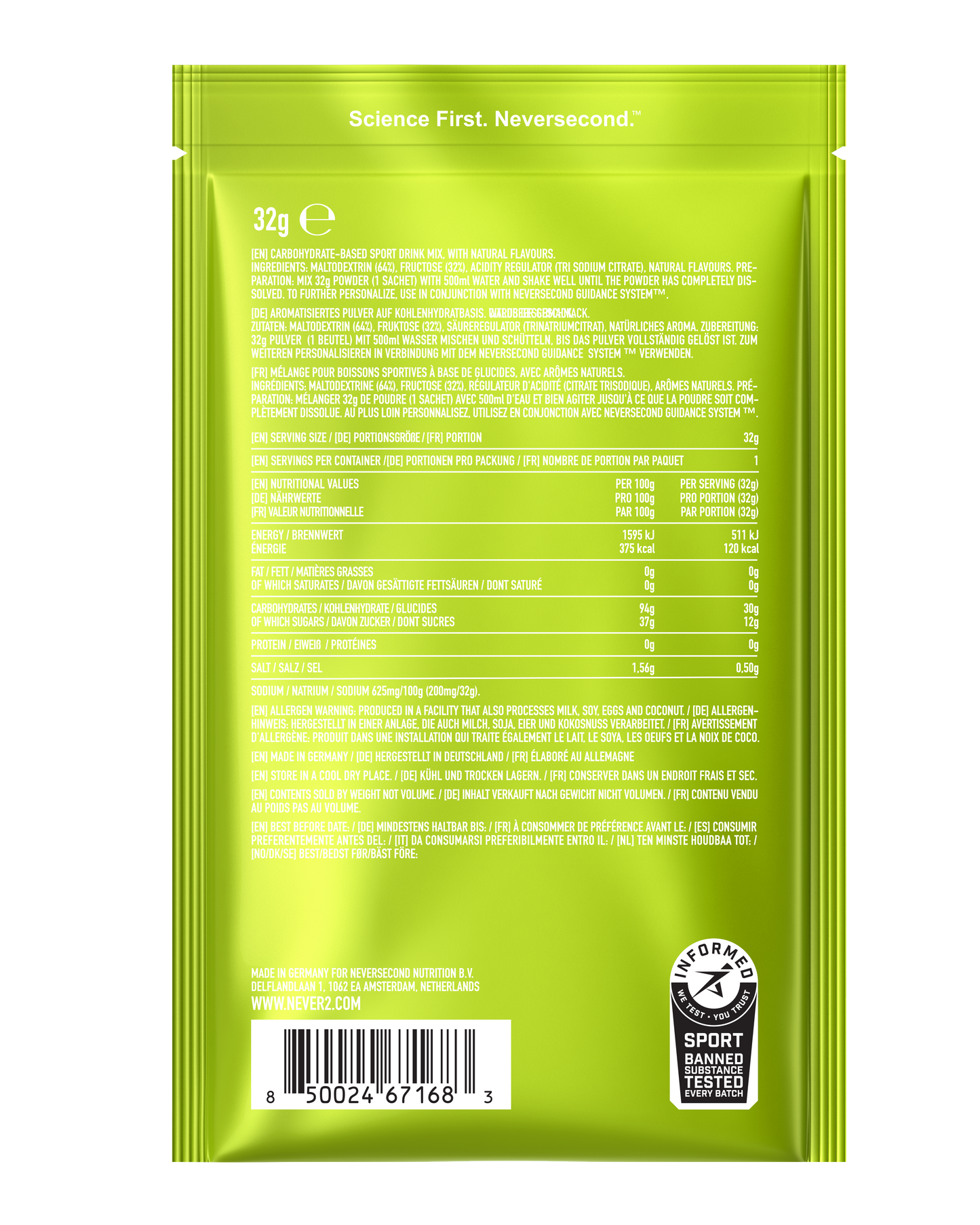 Green supplement package with text and a barcode on a white background
