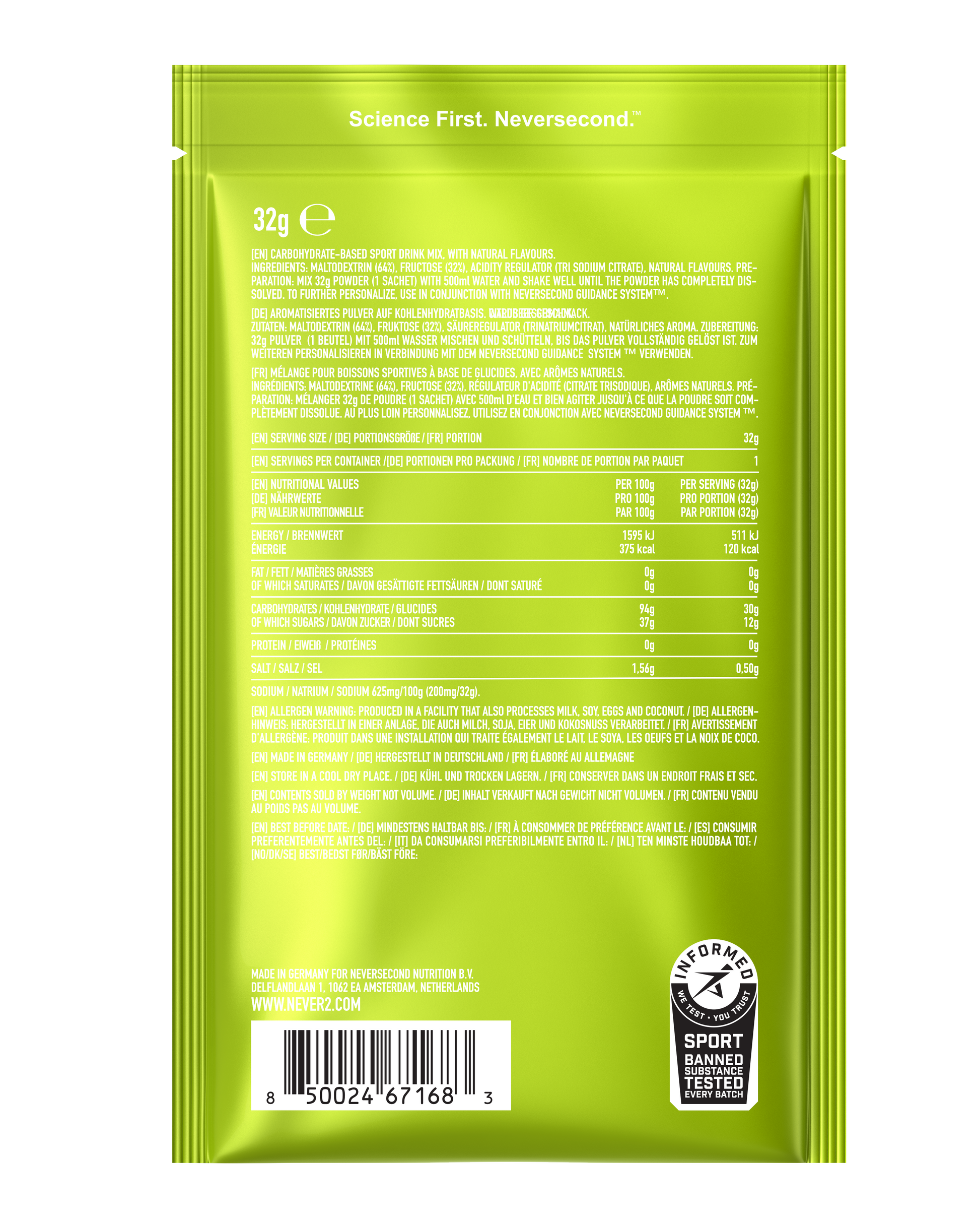Green supplement package with text and a barcode on a white background