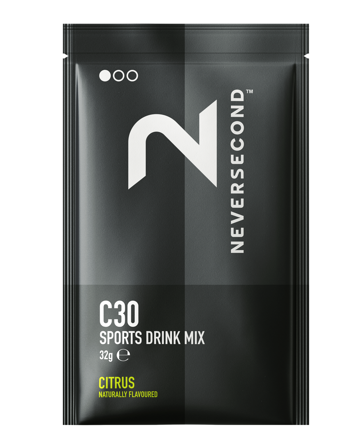 Black package of Neversecond C30 Sports Drink Mix on a white background