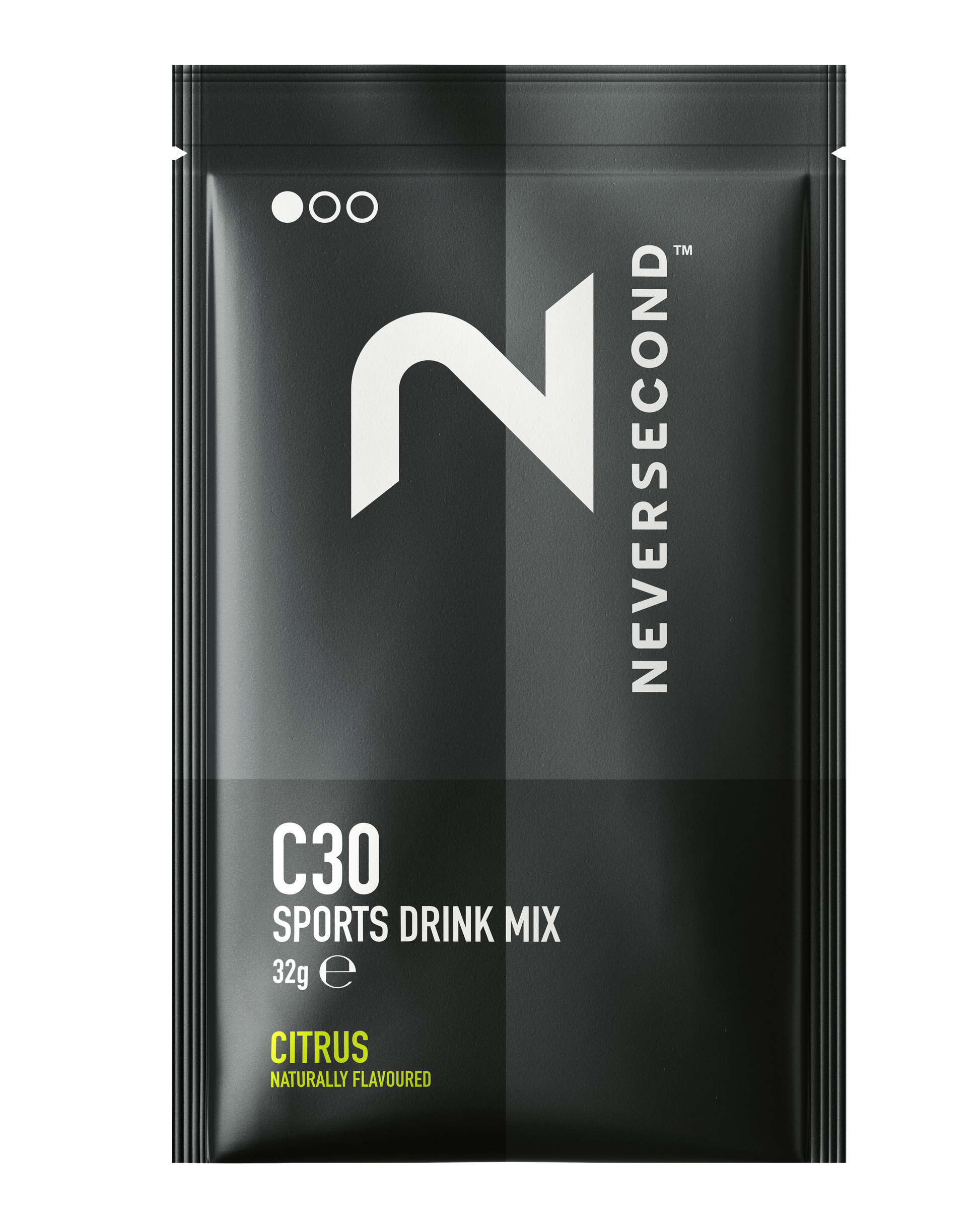 Black package of Neversecond C30 Sports Drink Mix on a white background