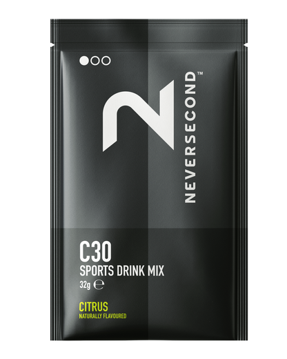 Black package of Neversecond C30 Sports Drink Mix on a white background
