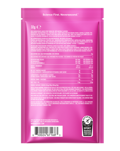 Pink supplement package with text and branding on a white background