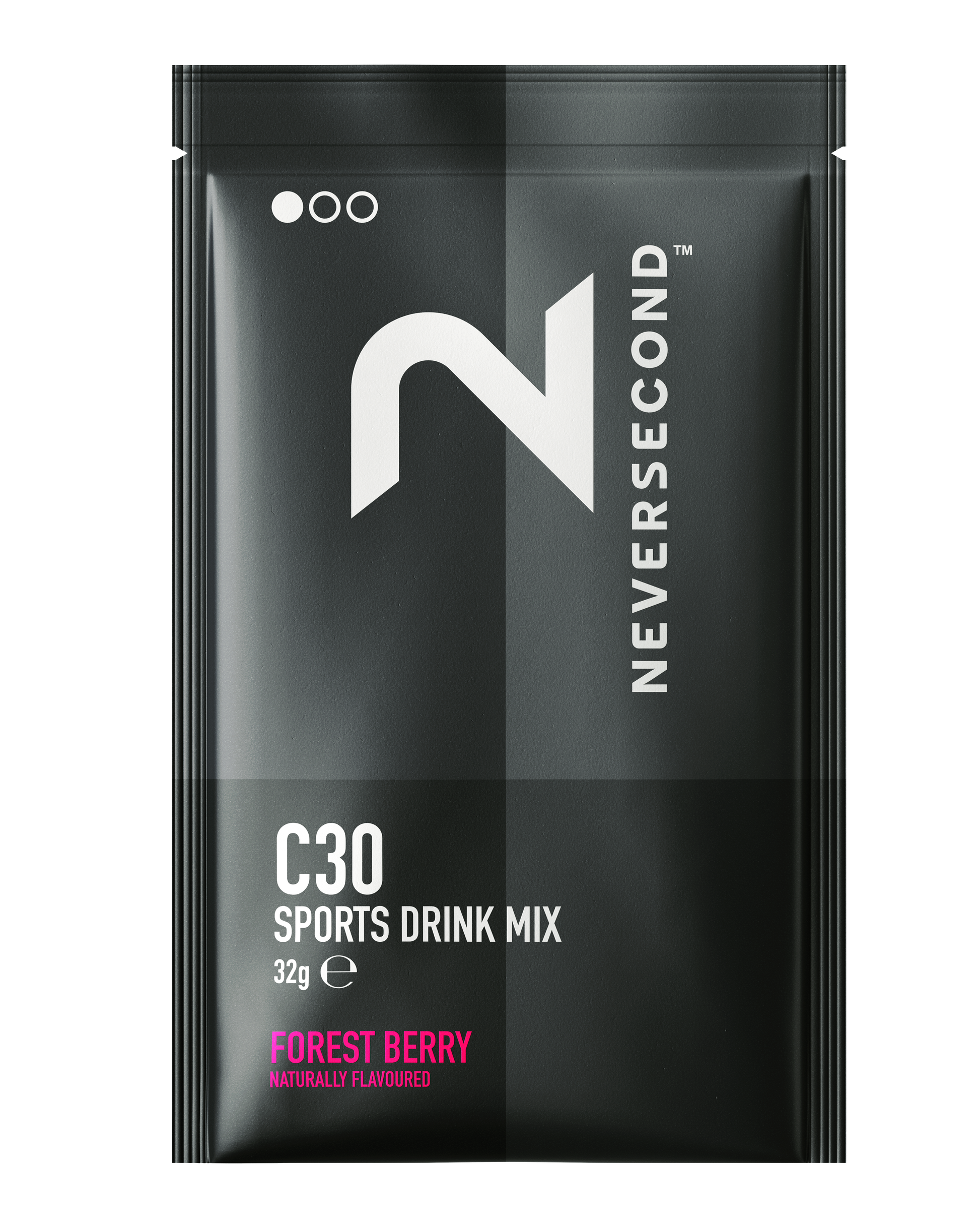 Black package of Never Second C30 Sports Drink Mix with forest berry flavor on a white background