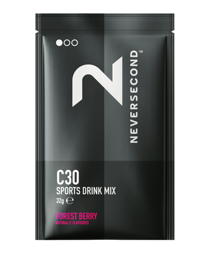 Black package of Never Second C30 Sports Drink Mix with forest berry flavor on a white background