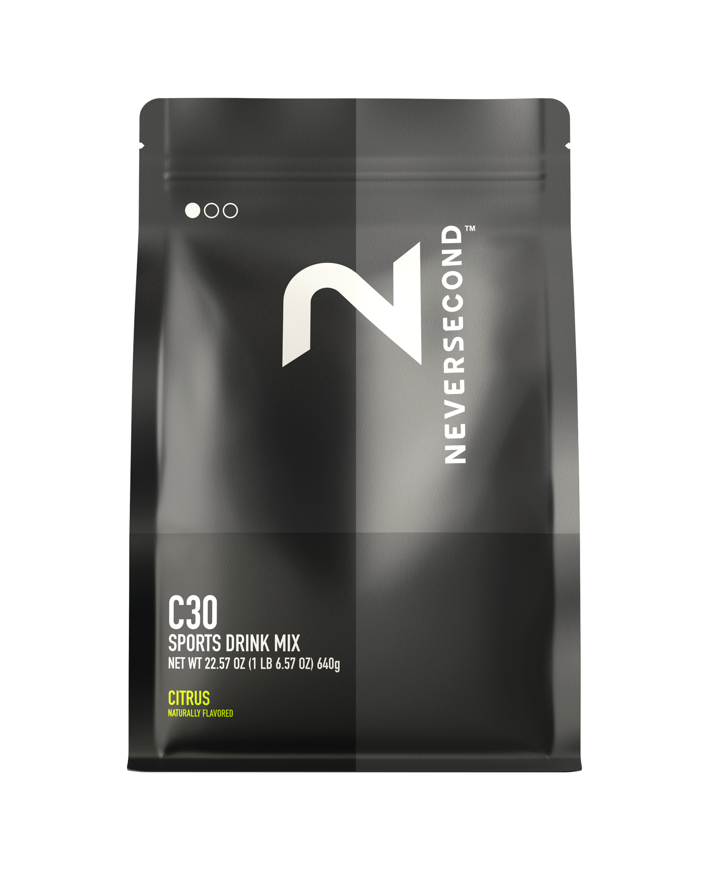 Black package of Never Second C30 Sports Drink Mix on a white background