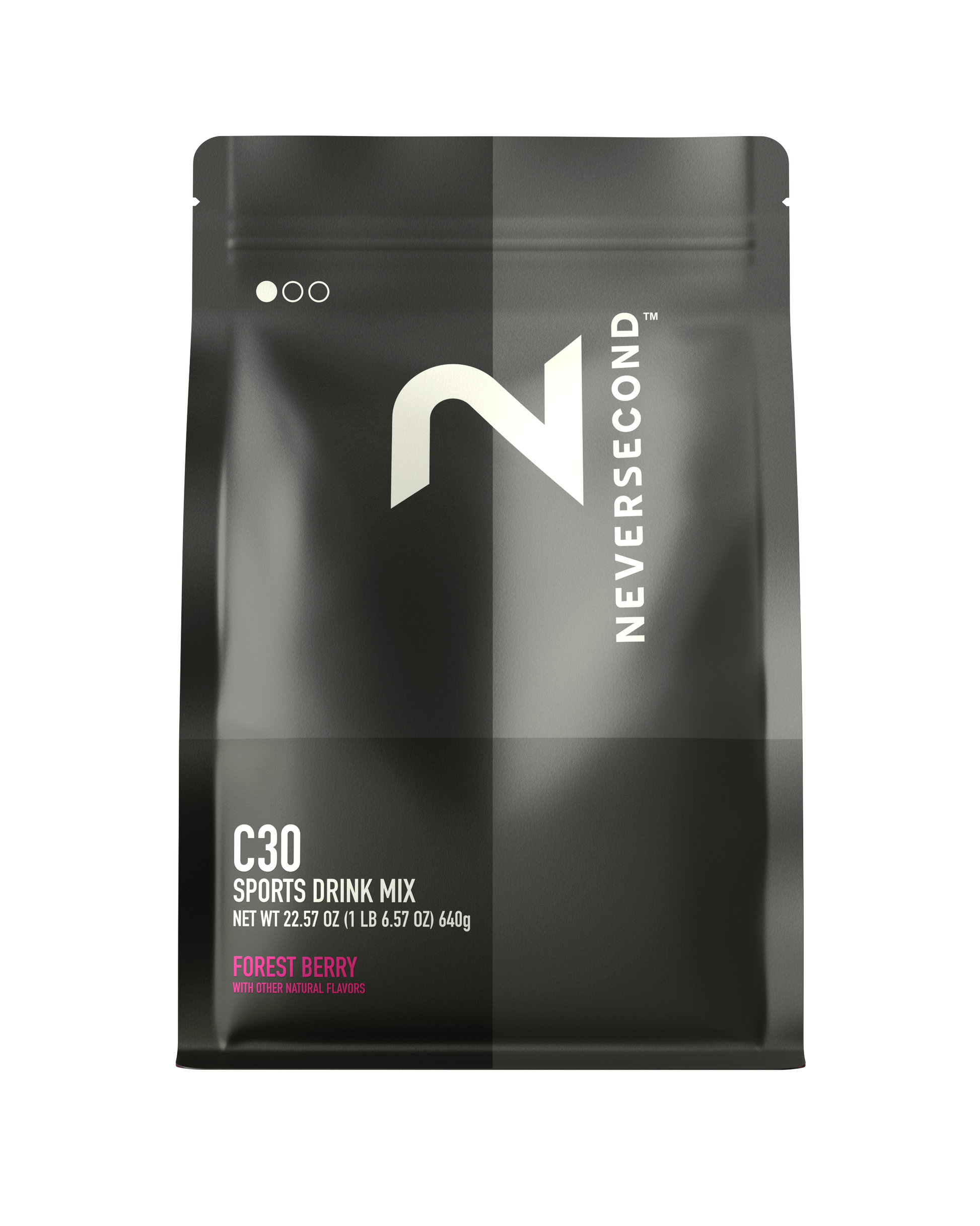 Black package of Never Second C30 Sports Drink Mix on a white background