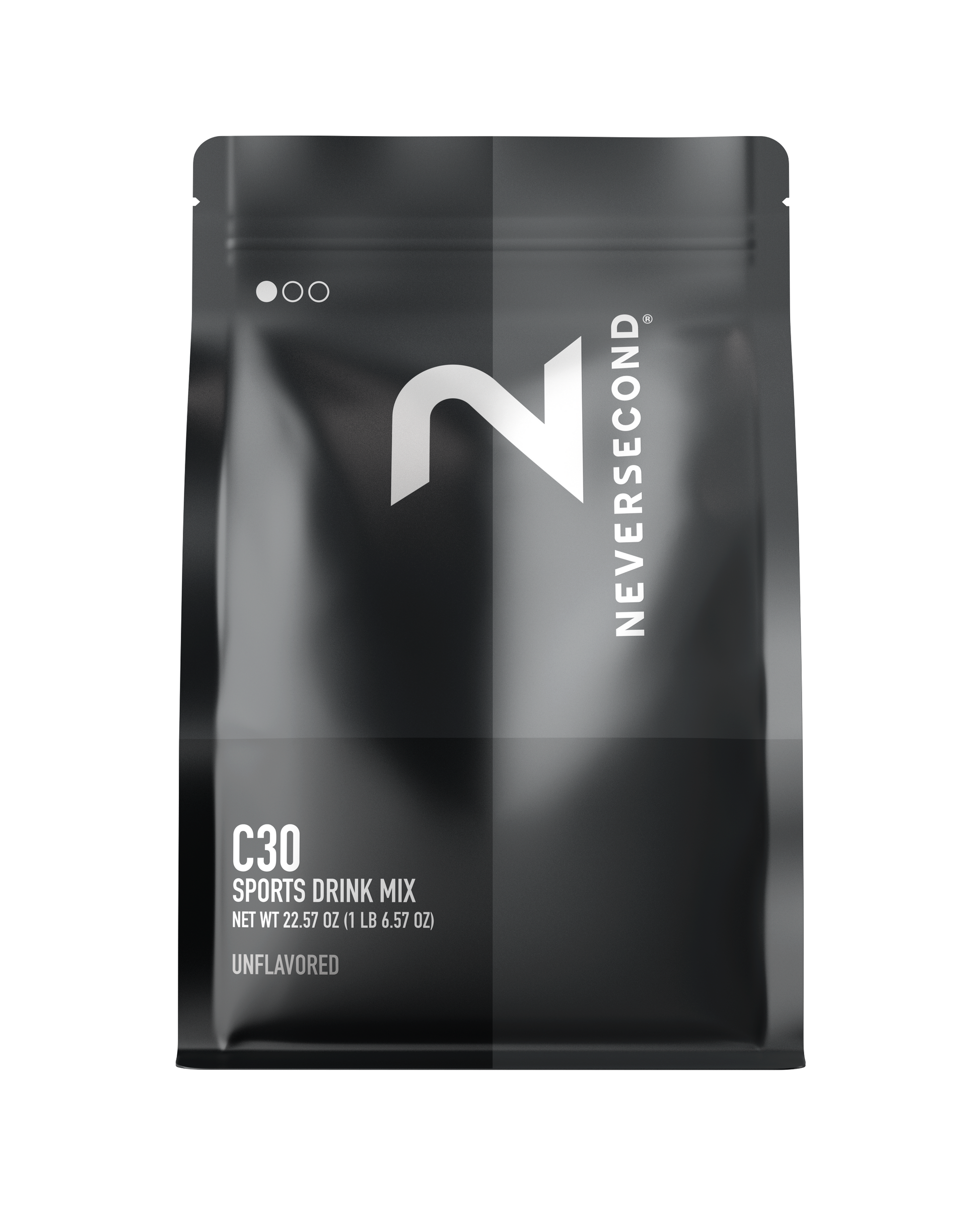 Black package of Neversecond C30 Sports Drink Mix on a white background