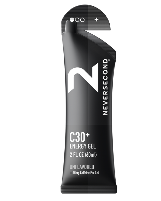 Black energy gel packaging with 'Neversecond' branding on a white background