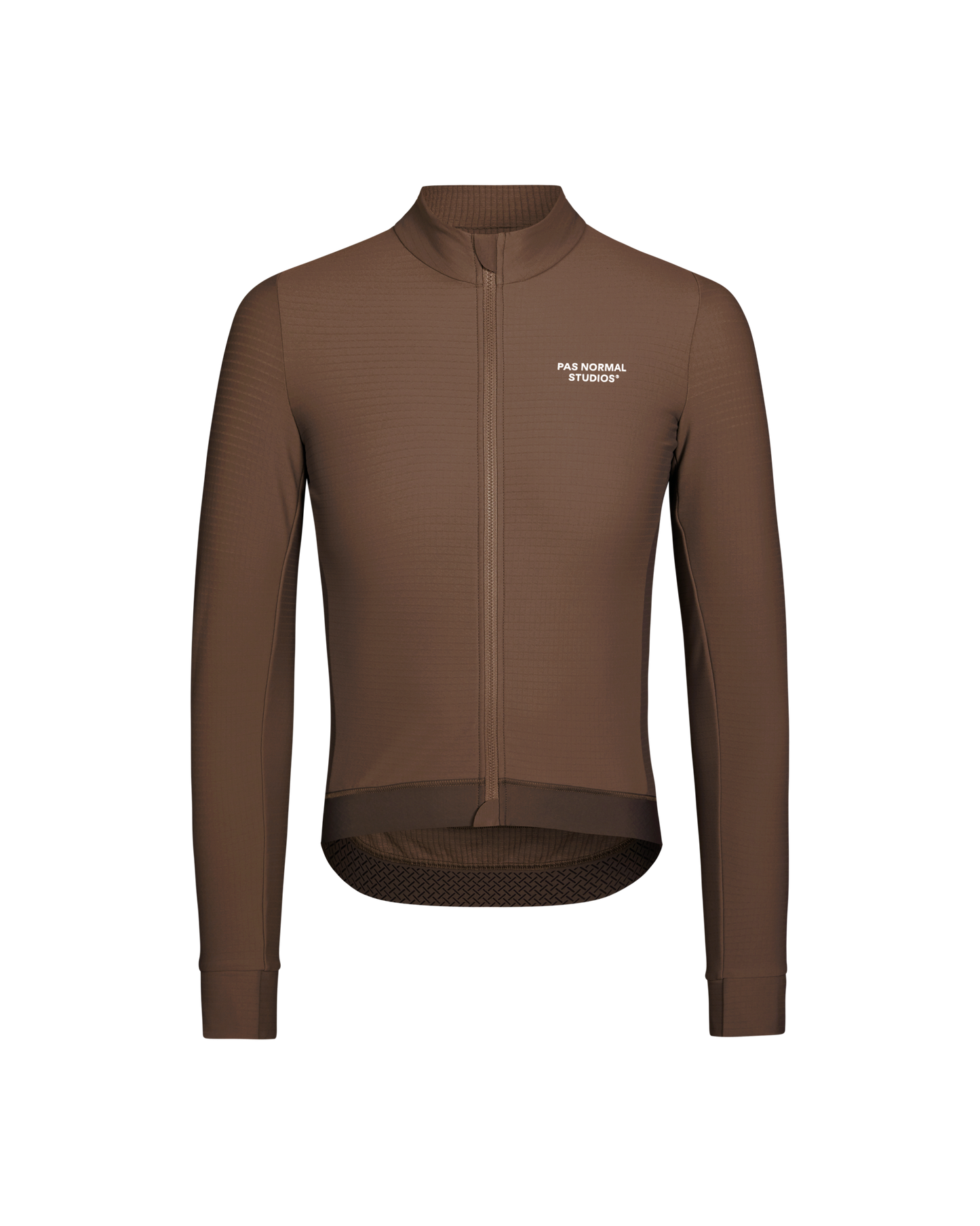 Brown cycling jersey with a brand logo on a white background
