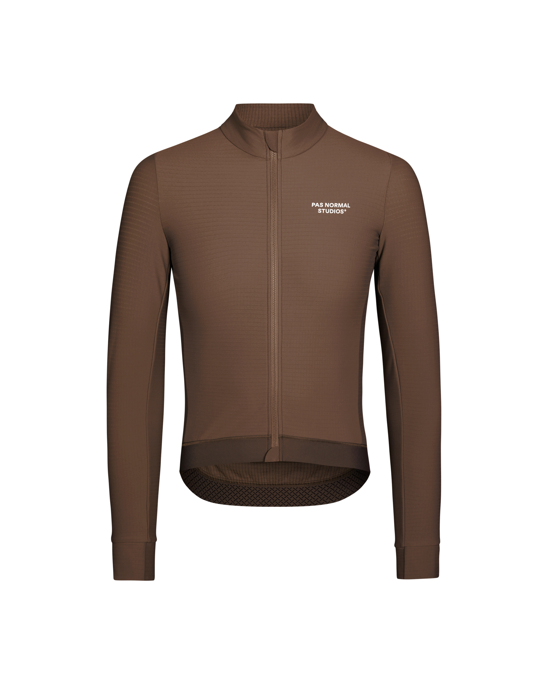 Brown cycling jersey with a brand logo on a white background