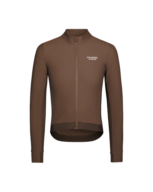 Brown cycling jersey with a brand logo on a white background