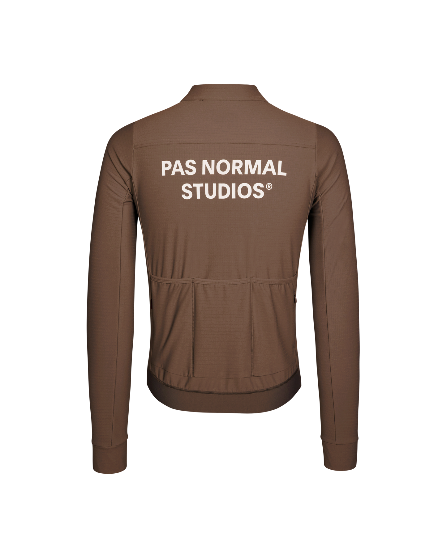Brown jacket with 'Pas Normal Studios' logo on the back against a white background