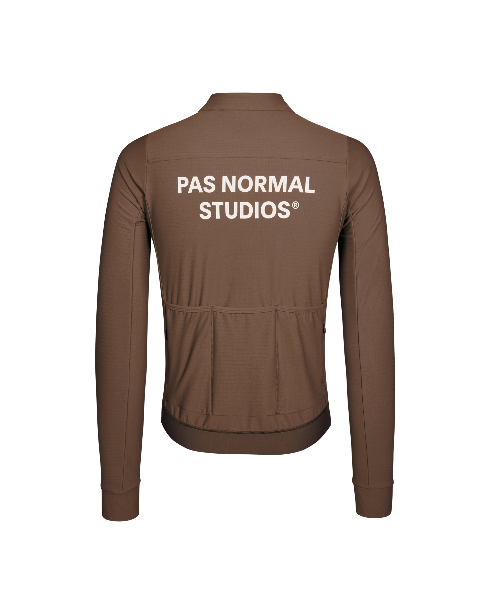 Brown jacket with 'Pas Normal Studios' logo on the back against a white background