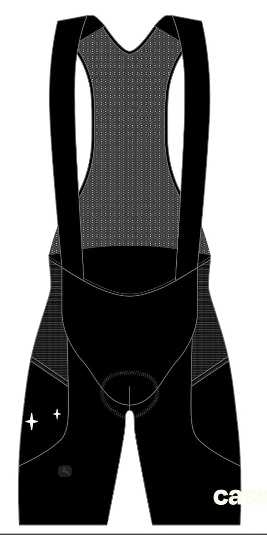 Black cycling bib shorts with a visible brand logo on a white background