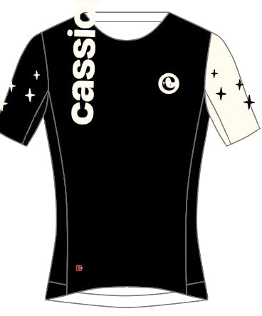 Black t-shirt with 'cassio' branding on a white background