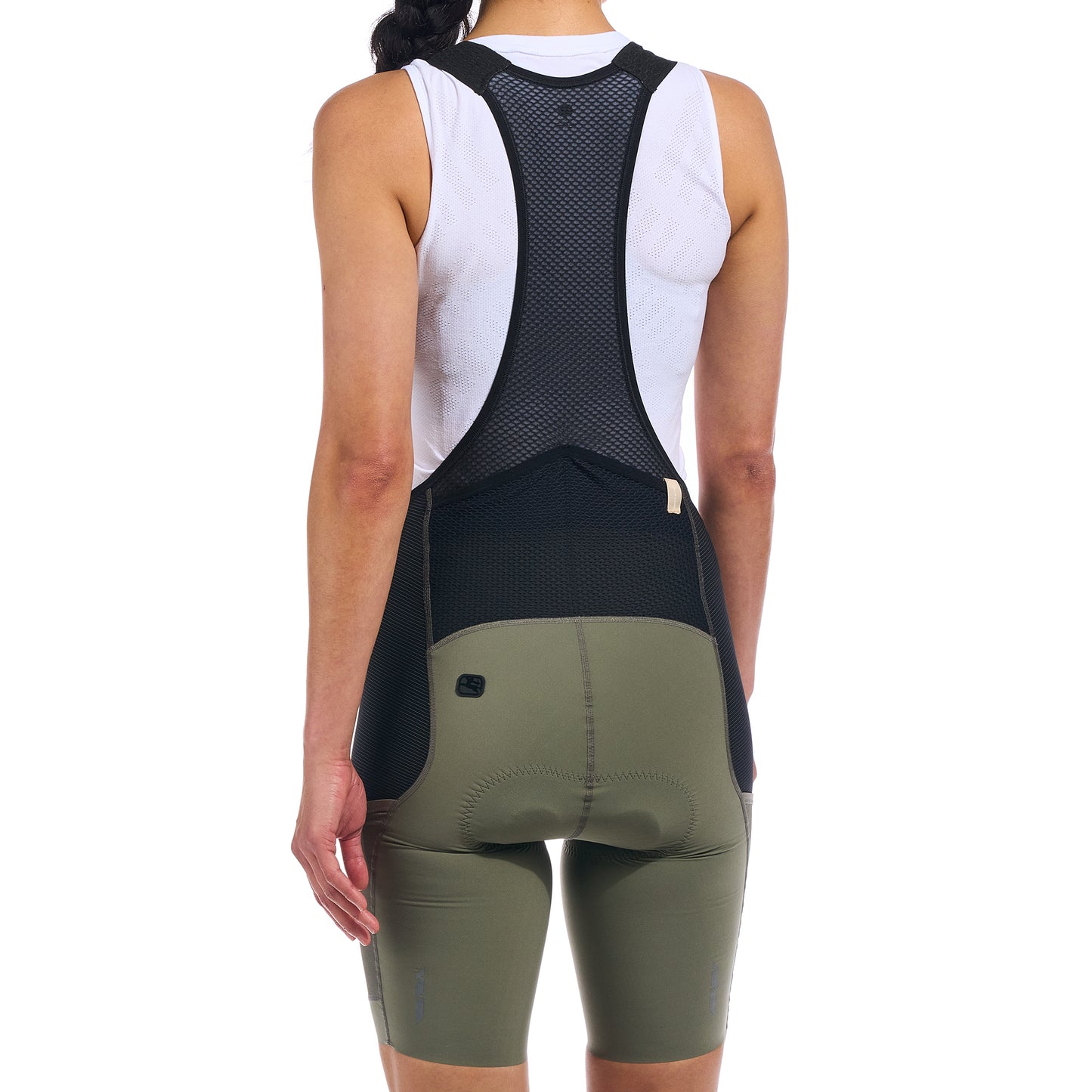 Olive bib shorts featuring high-compression performance for optimal riding comfort.
