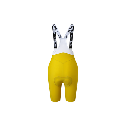 Image of Jelenew's low-profile bib shorts featuring anti-curling straps that evenly distribute pressure on the shoulders for comfort during rides, available on Cassiopeia US.