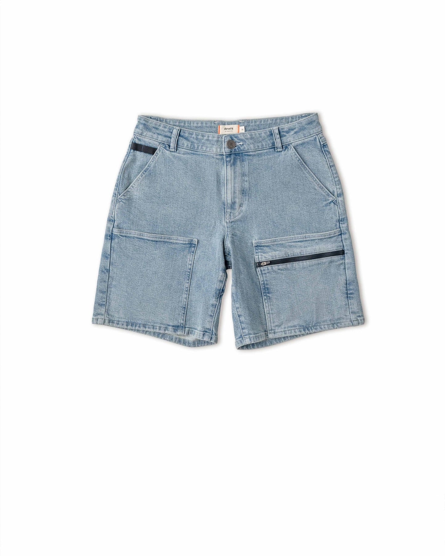 A pair of blue denim chore shorts with a zipper and multiple pockets.