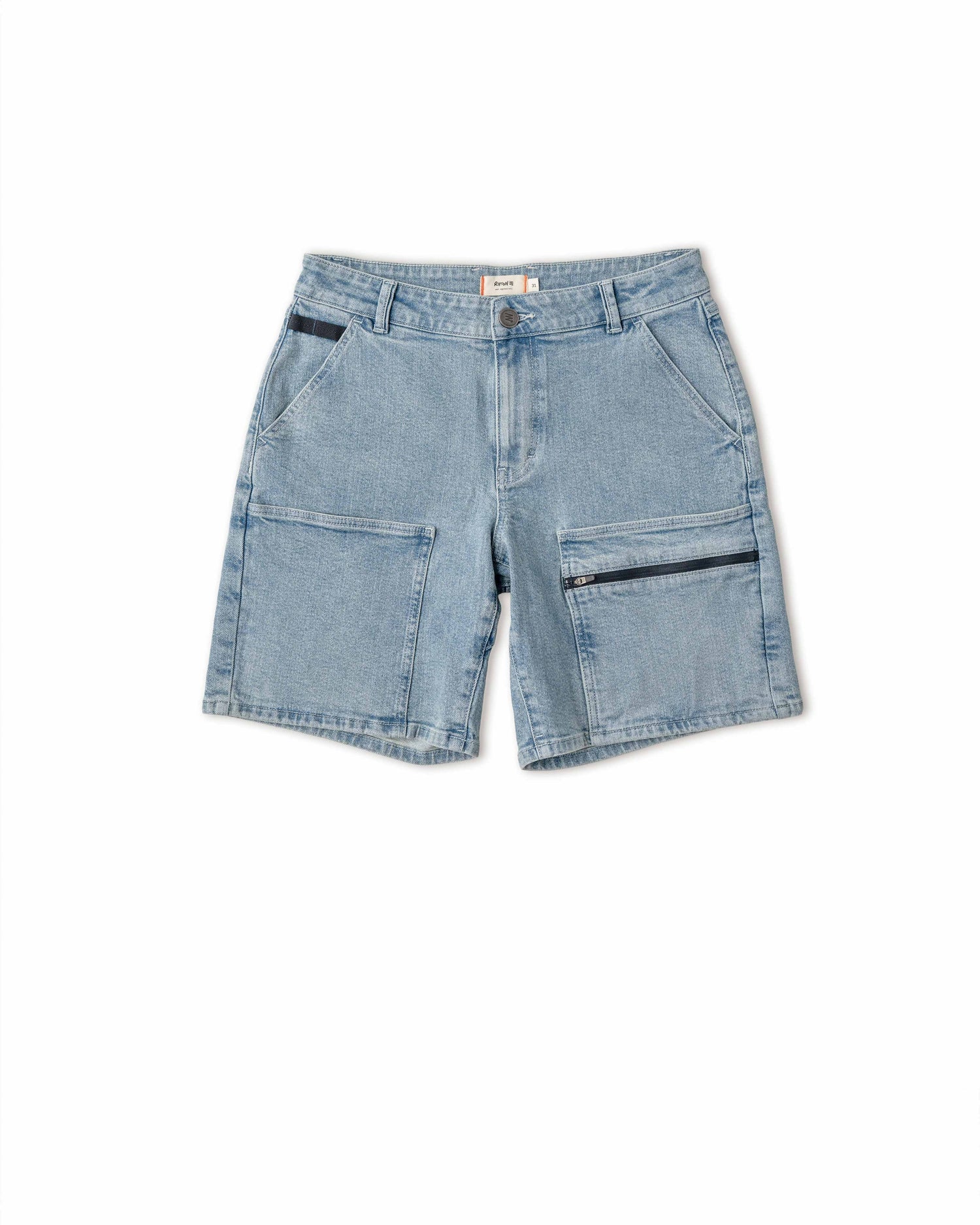 A pair of blue denim chore shorts with a zipper and multiple pockets.